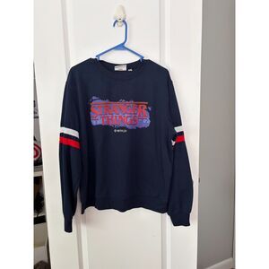 Stranger Things Netflix Crewneck Sweatshirt 2XL Retro Varsity Stripe Navy Blue